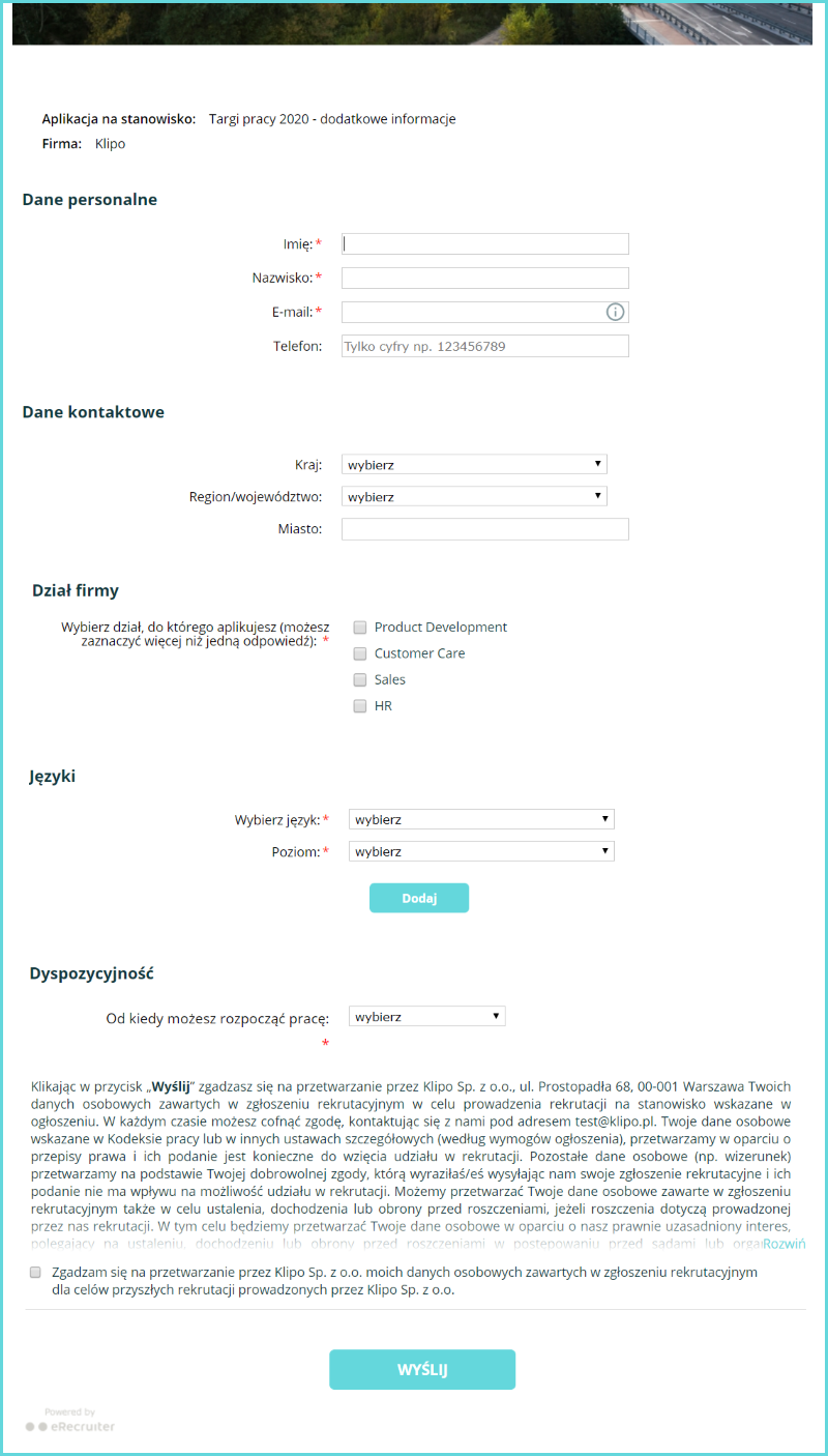 Formularz uzupełniający dane kandydata dotyczący aplikacji na targach pracy