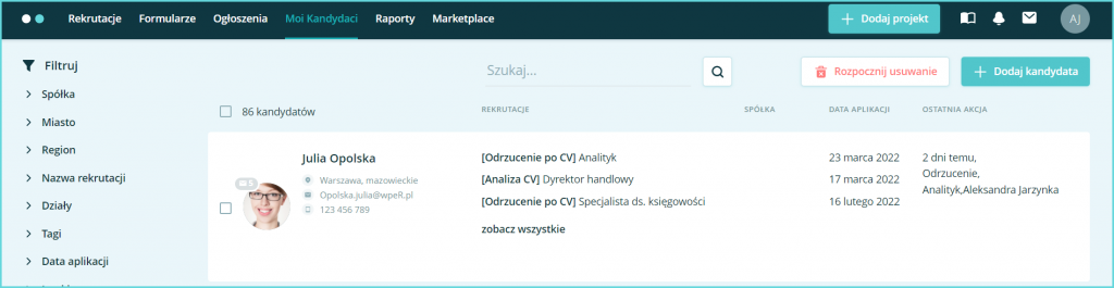 widok listy kandydatów w eRecruiter